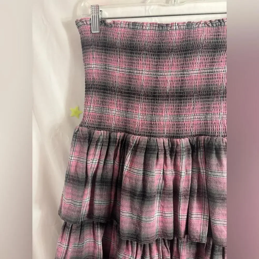 Revolve LIKELY Grey Pink Plaid Ruched Tiered 90’s Babydoll Grunge Midi Skirt M/L